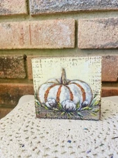 White And Orange Pumpkin Fall Farmhouse Wood Block Sign 3.5”