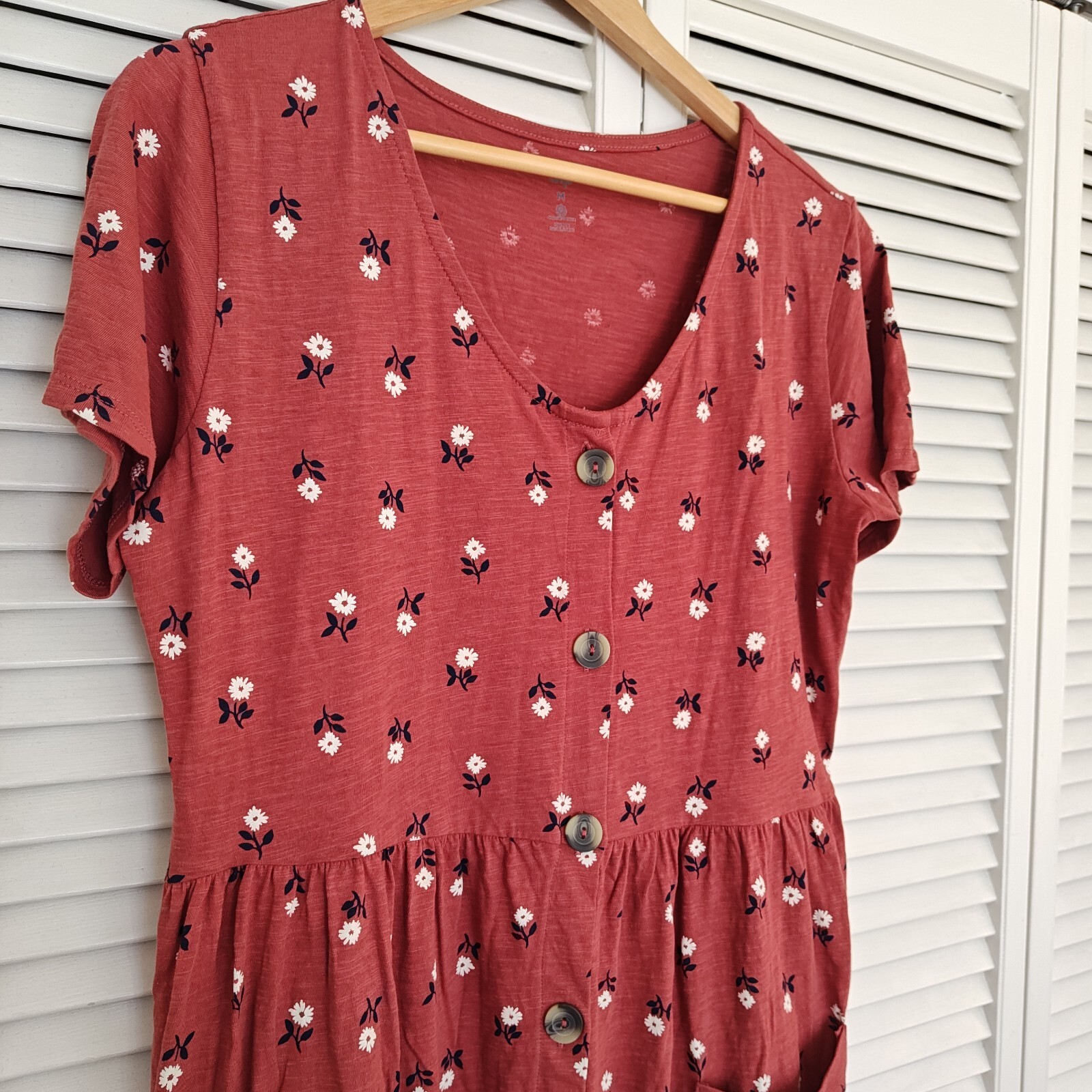 Cotton Casual Knit Button Front Red Orange Dress Sz Med Modest Knee Length Dip