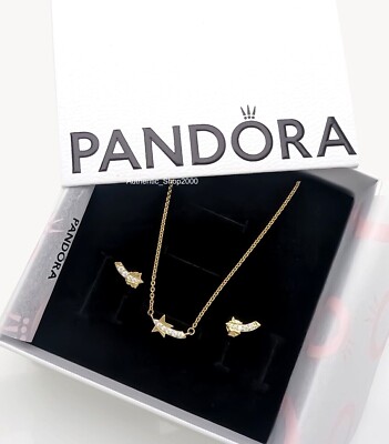 NEW 100% PANDORA 14k Gold P Shooting Star Necklace Stud Earring Gift Set  B802276