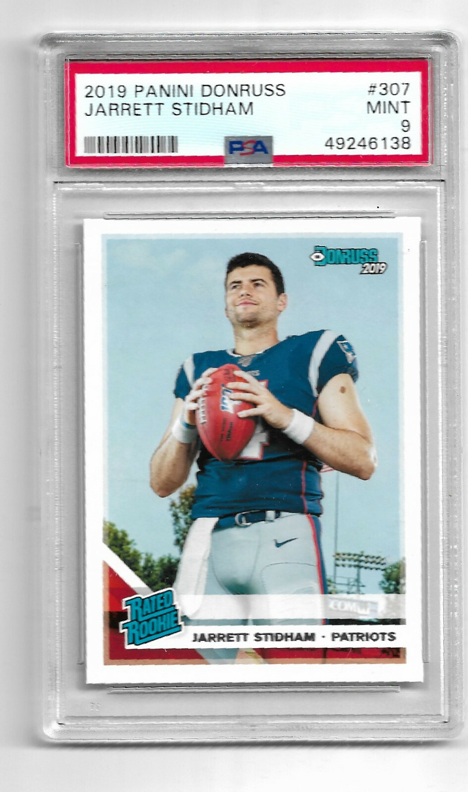 2019 Panini Donruss-Rated Rookie-#307-QB Jarrett Stidham-Patriots-PSA Mint 9