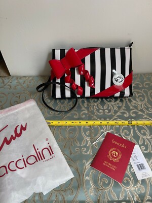 Braccialini Firenze Purse, New with Tags, Black and White Stripes with Red Ribbo