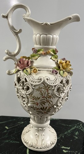 Large Capodimonte Like Footed Ewer/Vase Floral Ornate Italy 21"Tall MCM VTG - Picture 8 of 11