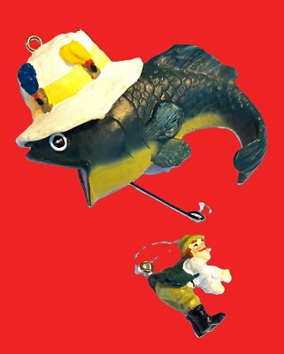 #ad #ad Midwest Cannon Falls Christmas Ornaments Bass Fish hooking a Fisherman EUC $10.38