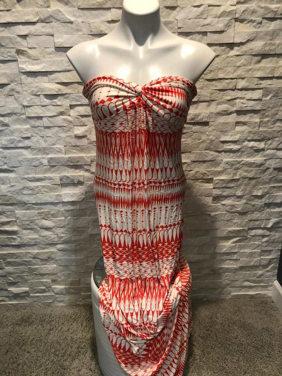 EUC Womens ENVI Strapless Tube Dress Long Orange White Stretchy Size Medium