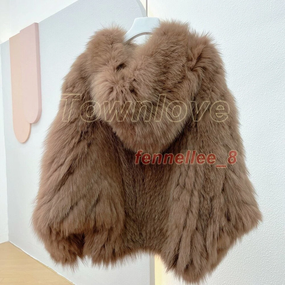 Women Real Fox Fur Knitted Coat Hooded Bat Sleeve Baggy Jacket Warm Outwear Tops - Image 4 of 4