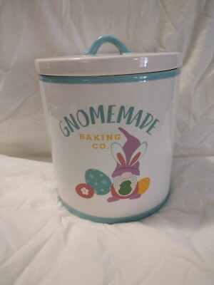   DesignPac Gnomemade Baking Co Ceramic Cookie Jar Huge White Teal Easter Gnome