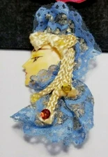 Vintage Victorian Revival Blonde Lady Blue Lace Figural Brooch Pin