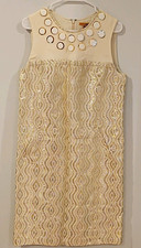 Tory Burch Beige/Gold Geometric Round Neck Sleeveless Sheath Knee Zip Dress 12