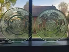 2 VTG Federal Glass Georgian "Lovebirds" Green Depression Uranium 6" Bread Plate