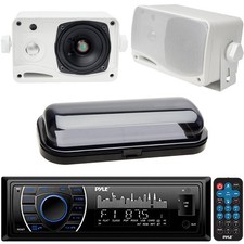 Pyle In Dash Marine MP3 USB SD Media Receiver, 2 White Box Speakers Cover