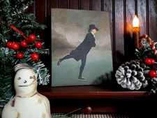 OLD VINTAGE PRIMITIVE VICTORIAN STYLE CHRISTMAS WINTER SKATING MAN ON LAKE SIGN 