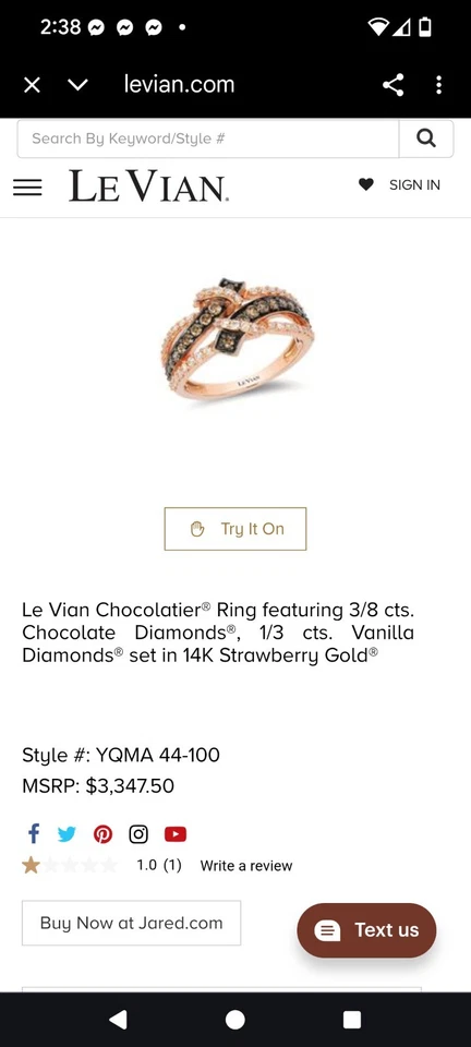 Шоколадное кольцо Le Vian 3/8 карата Шоколадные бриллианты, 1/3 карата - Изображение 4 из 4