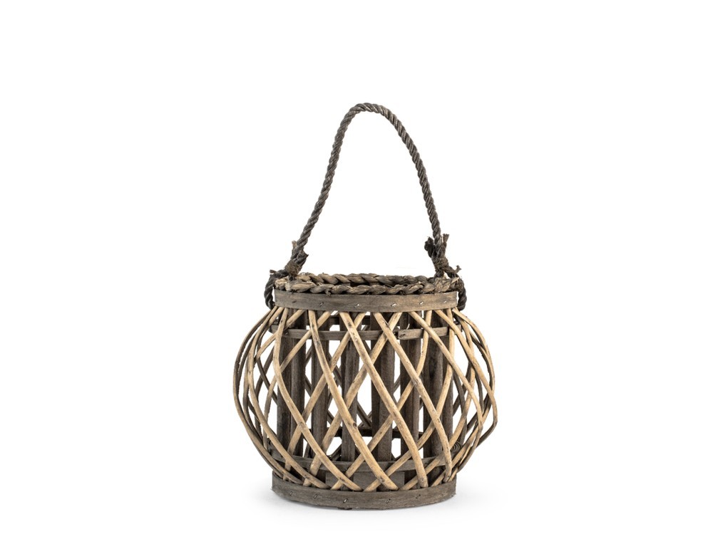 H&H Lantern In Woven Rattan With Rope Handle Gray 22X20H