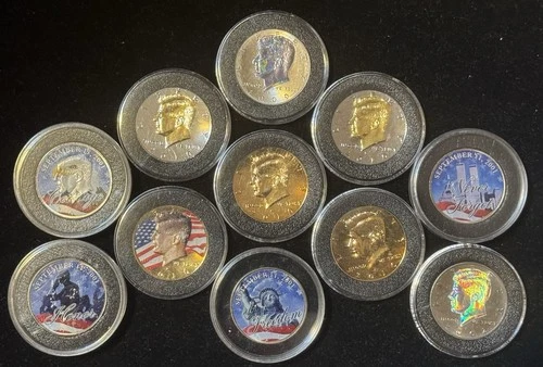 Variety of Kennedy Half Dollar Lot Of 11 - Colorized & Embellished 911 Themed