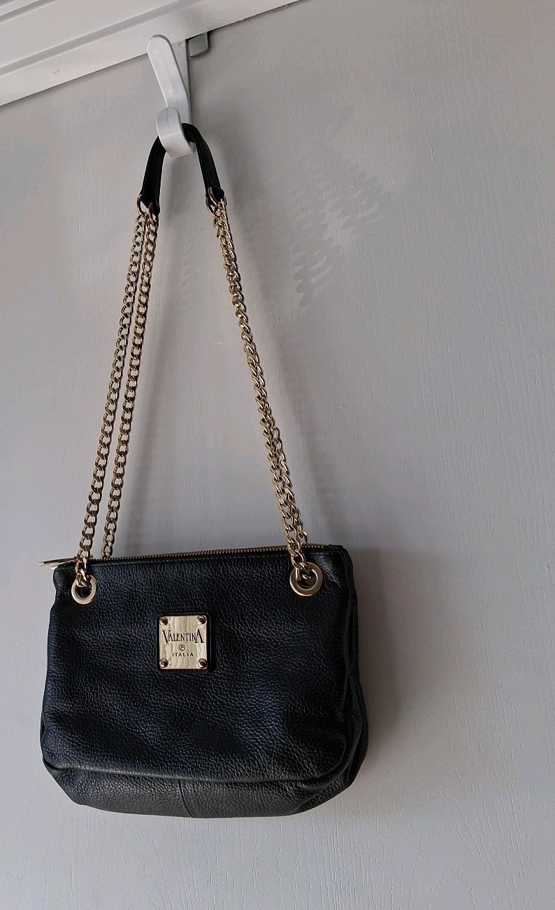 Genuine Pebble Leather Vtg VALENTINA Womens Shoulder Bag Gold Hardwear Straps