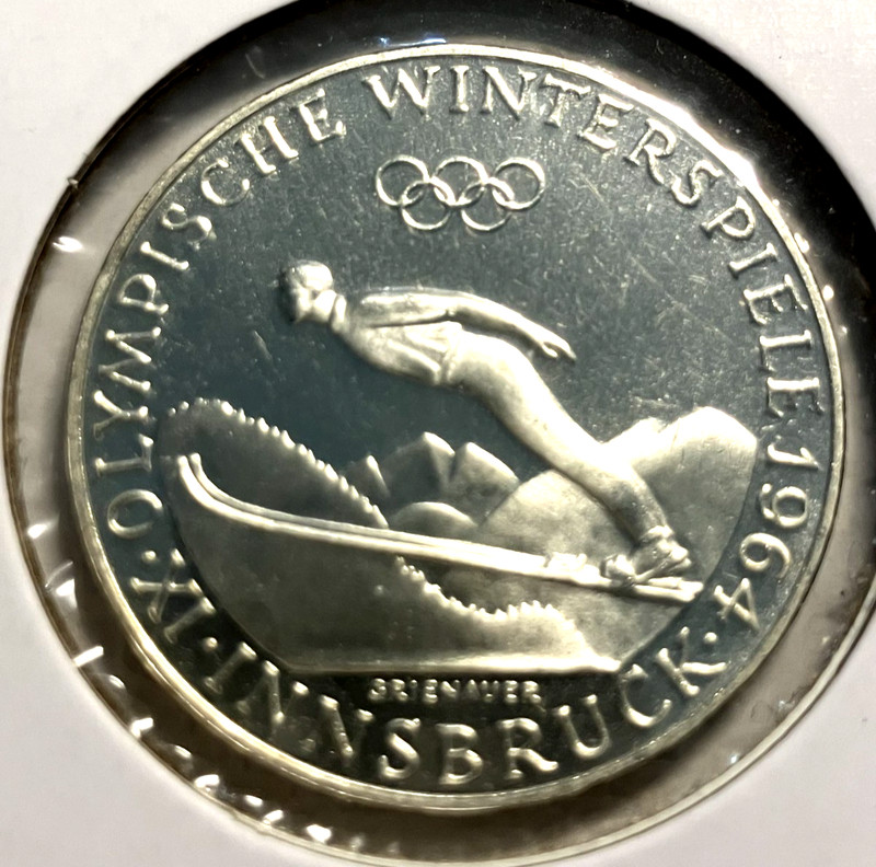 elf Austria 50 Schilling 1964  Silver  Proof Olympics Ski Jumper