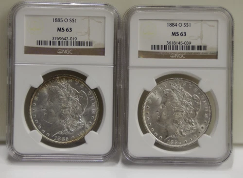 1884 0, 1885 O  US Morgan Silver Dollar $1 NGC MS63