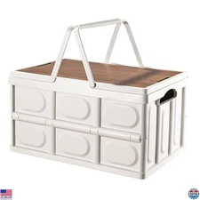 55L Collapsible Storage Bin with Wooden Lid & Handle - Portable Stackable Crate
