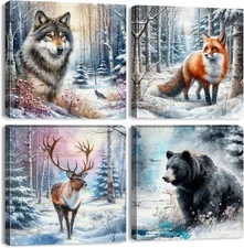 Christmas Animals Wall Art Winter Pictures Wall Decor Snow Mountain Forest Paint