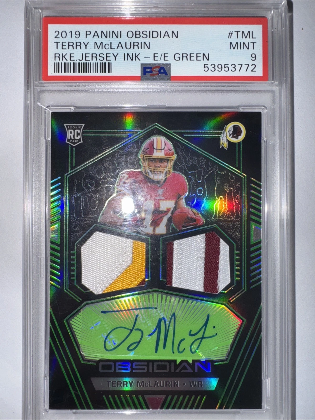 Terry McLaurin Panini Obsidian Rookie Jersey Ink #TML Electric Etch Green