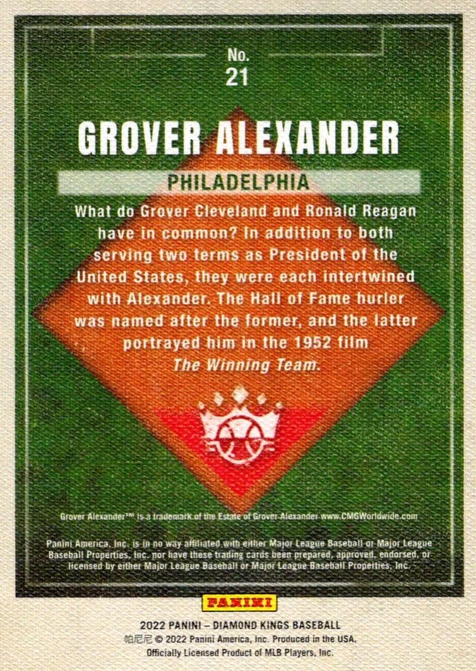 2022 Panini Diamond Kings Grover Alexander Philadelphia Phillies #21 - Image 2 of 2