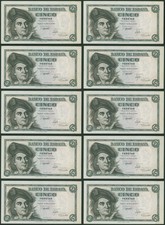 Spain: 10x Consecutive 5 Pesetas 1948 (P#136a, 1 letter, 8 digits serial) - UNC