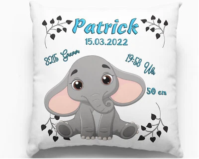 FADENSALAT Geburts Geschenk junge Personalisiertes Kissen mit Namen Elefant Baby Taufe Blau