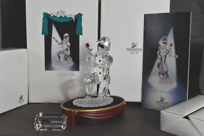 Swarovski 2001 SCS Crystal Masquerade Harlequin Figurine Box, Stand, Plaque, COA