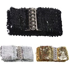 Women Ladies Glitter Metal Buckle Sequin Elastic Stretchy Waistband Dress Belt