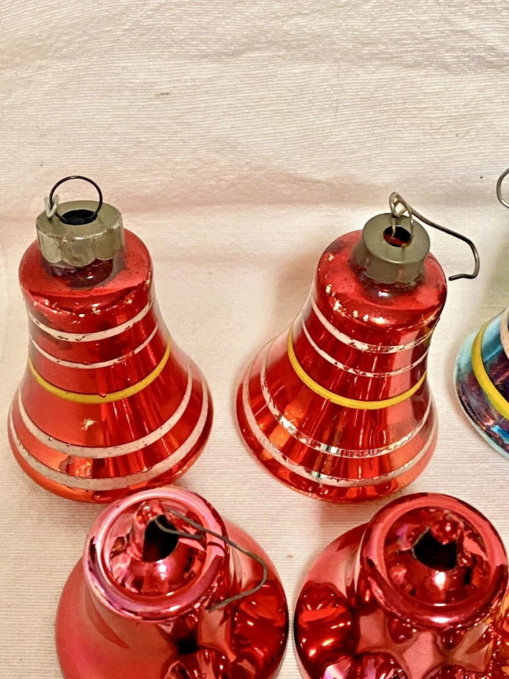 12 Vintage Christmas Bell Striped Ornaments 5 Glass & 7 Plastic Bells Multicolor - Image 2 of 4