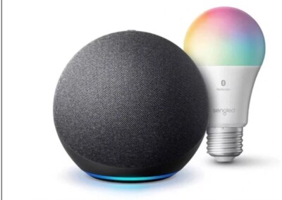 Amazon Echo Dot (4th Gen) Smart Speaker - Charcoal With Sengled Smart Color Bulb