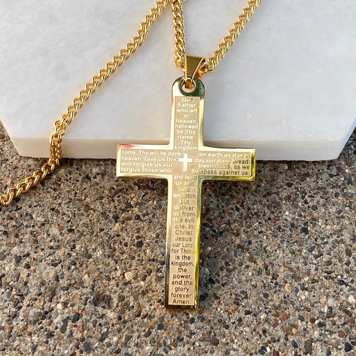 Gold Tone Plated Stainless Steel The Lord's Prayer Large Cross