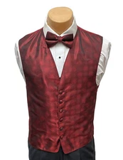 Men's Perry Ellis Red Tuxedo Vest with Matching Bow Tie Wedding Prom Small S