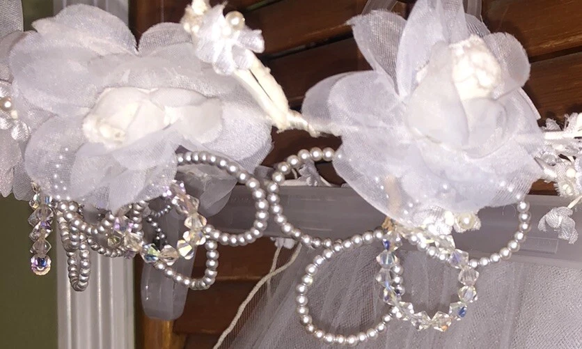 Velo de novia de colección perla, diamantes de imitación, tocado rosa de seda 2 niveles yema de dedo red velo Foto 4 de 4