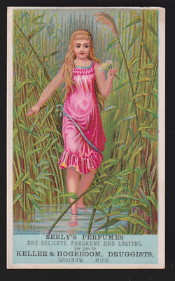 SAGINAW MICH MI TRADE CARD, SEELY'S PERFUMES, KELLER & HOGEBOOM, DRUGGISTS  Z495
