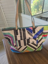 Trina Turk Geo Striped Multi-color Zip Around Travel Shopper Tote Shoulder Bag