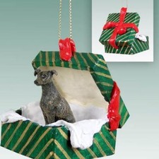 Greyhound Brindle Dog Green Gift Box Holiday Christmas ORNAMENT