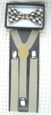 Tan Beige Brown Plaid Adjustable Bow tie  Beige Tan Adjustable Suspenders Set