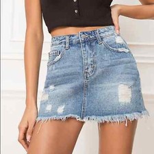 Superdown Elodie Denim Skirt Distressed Mini sz L Large Frayed Hem