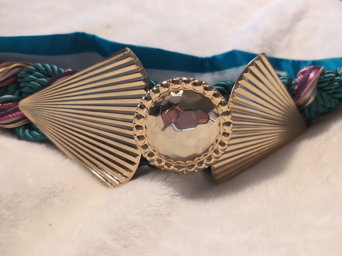 Anthony Alexander Belt Teal Blue Satin  With Woven Strings And Gold Buckle Anthony Alexander Belt Teal Blue Satin With Woven Strings  main image 2