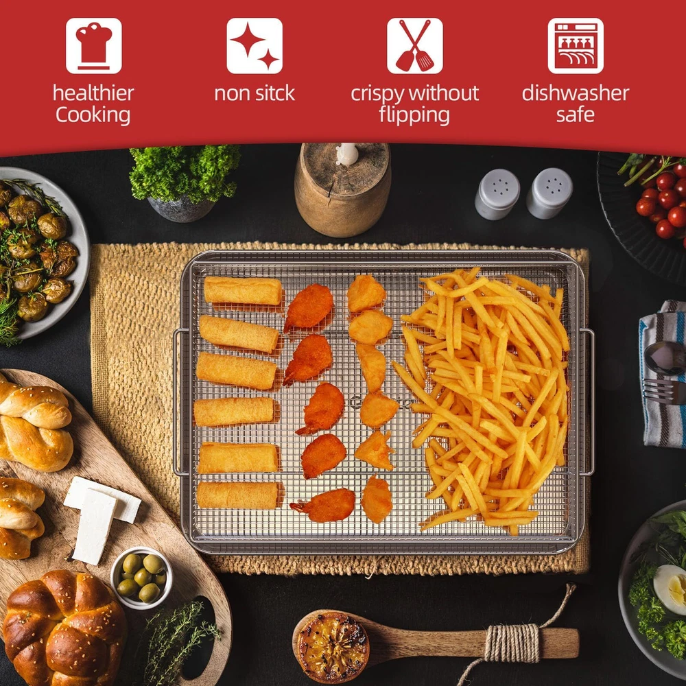 Air Fryer Basket for Oven with 50 Recipes, Extra Large 2 Piece Nonstick Crisp...