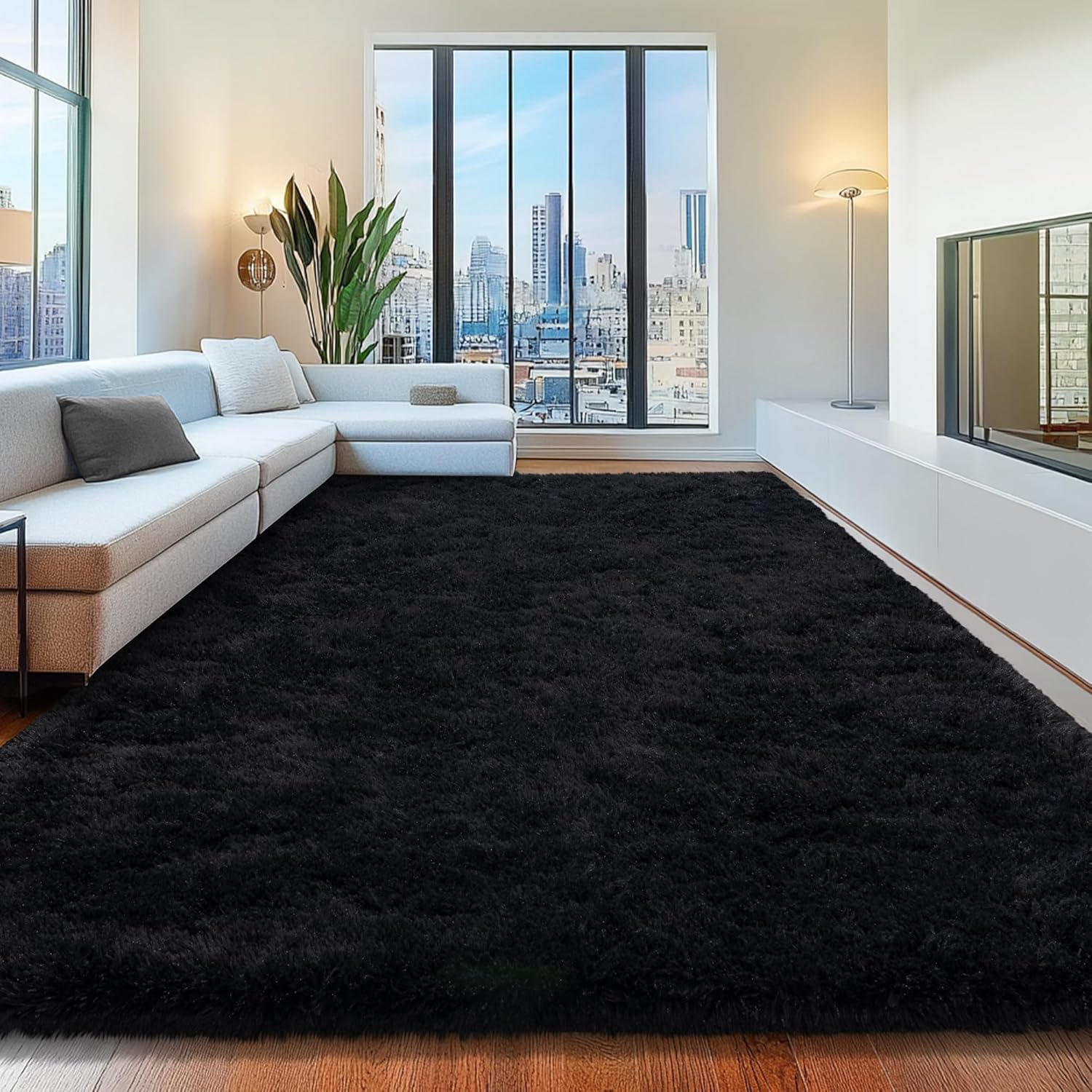 8X10 Area Rugs for Living Room, Black Fluffy Shaggy Rug Soft Carpets, Big Rugs f
