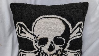 Grandin Road Wool Skull Hooked Pillow 16”x16” Black Skull Crossbones Halloween
