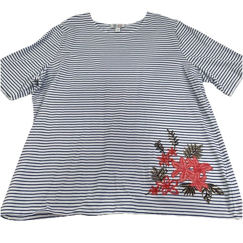 Denim & Co White Blue Striped Embroidered Floral XL Crew Neck Top Tee New 9096