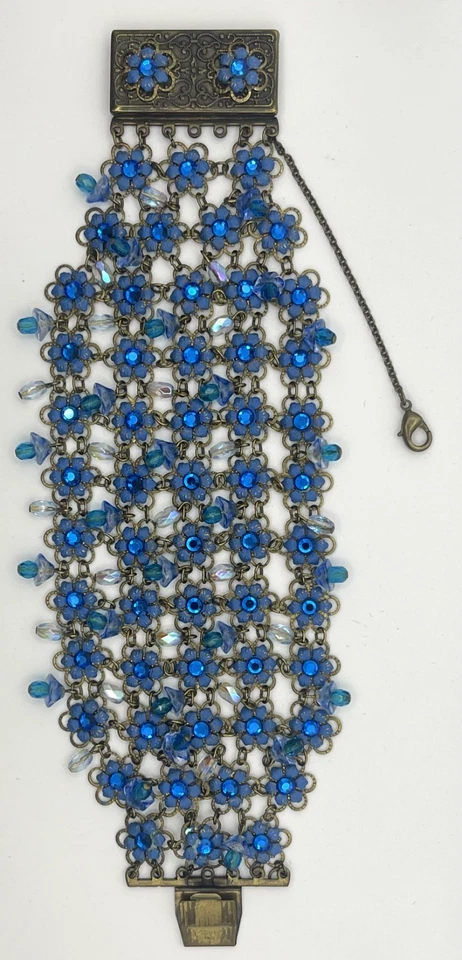 Pulsera Michal Negrin Cristal Floral Azul Amplia Firmada Declaración Usada Foto 4 de 4