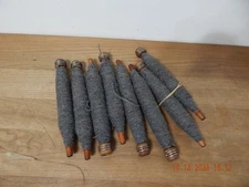 8 Vintage Wooden Spools Textile Mill Thread Bobbins Spindles w/Yarn Thread