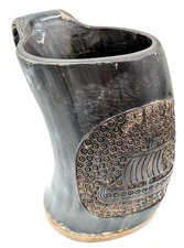 Natural Carved Horn Viking Long Ship Beer Stein Drinking Cup Wood Bottom