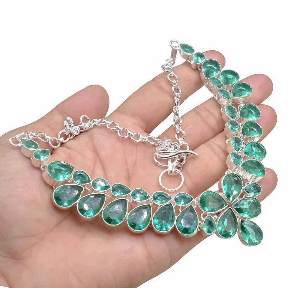 Collar hecho a mano de plata de ley 925 con piedras preciosas de turmalina verde joyería 18" Foto 2 de 4