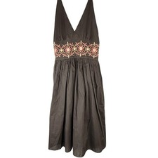 Speed Control NY Brown Cotton Embroidered V-Neck Smocked Back Dress XS
