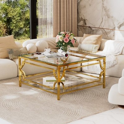 Square Glass Coffee Table in 33.5 in Luxurious Geometric Metal Frame Gold Finish